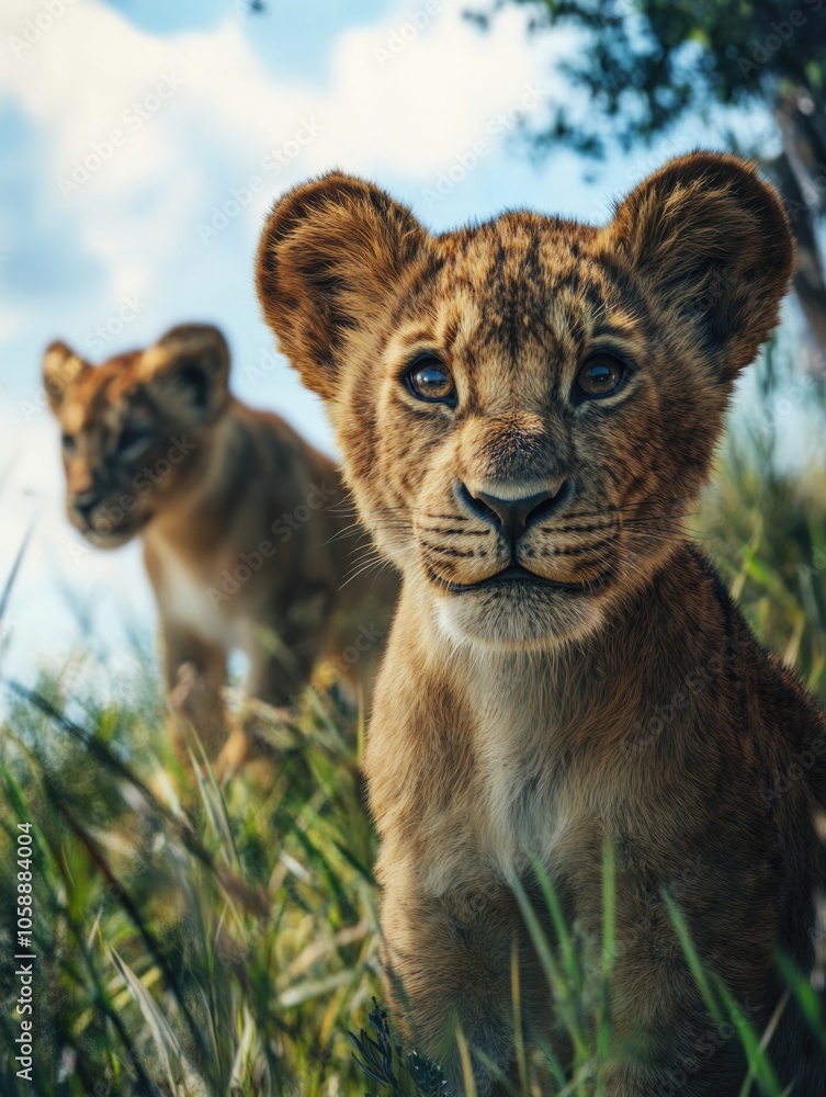 Fototapeta premium Lions on grassy field