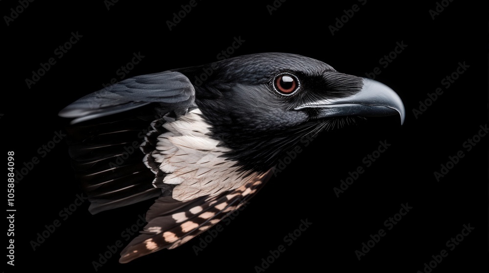 Fototapeta premium Black and White Bird with Red Eye Isolated on Black Background