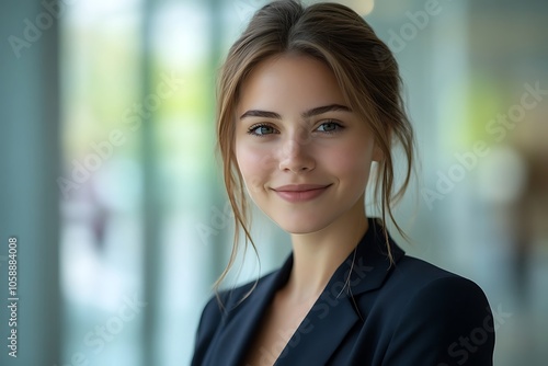 Young Businesswoman Smiling in Professional Attire