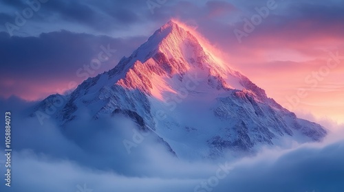 Captivating snow-capped mountain peak at sunrise with hues of pink and blue; perfect for winter travel visuals, outdoor adventure, and crisp, dramatic nature photography