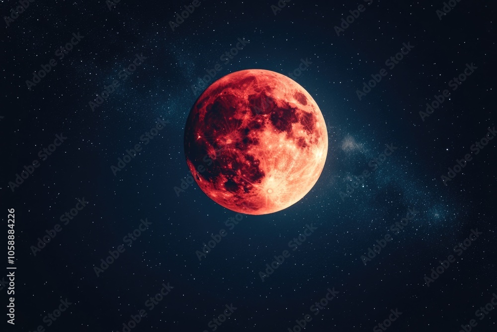 A red moon in the night sky, with stars twinkling around it. A red moon in the night sky, with stars twinkling around it.