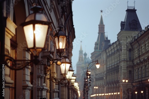 A dimly lit street lined with ornate lamps and historic architecture, leading towards a shadowy silhouette of iconic towers under an overcast sky at dusk.