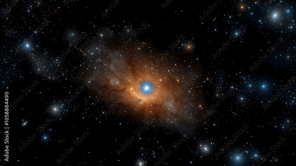 A swirling nebula of gas and dust is illuminated by bright stars in the dark expanse of space. A swirling nebula of gas and dust is illuminated by bright stars in the dark expanse of space.