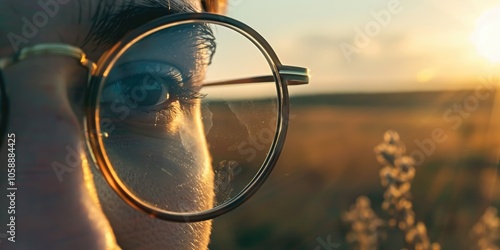 A person with glasses looking contemplatively at the sunset with a bokeh effect blurring the background. photo