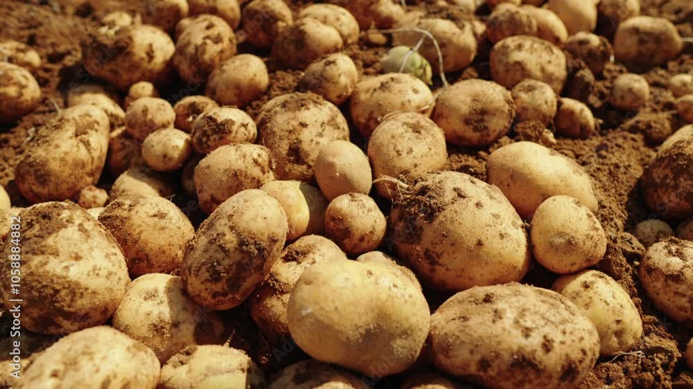 Close-up of fresh potato harvest in the field, manually harvested from the soil, with a pile of potatoes on the field, agriculture product, organic potatoes harvest. Close-up of fresh potato harvest in the field, manually harvested from the soil, with a pile of potatoes on the field, agriculture product, organic potatoes harvest.