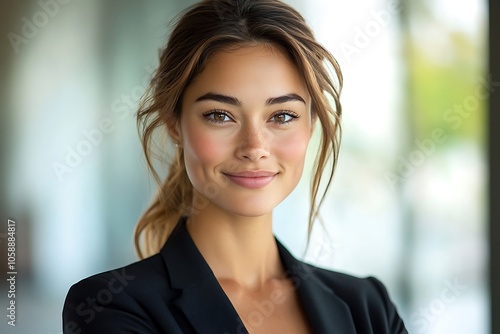 Young Confident Woman with Long Brown Hair Smiling in Office