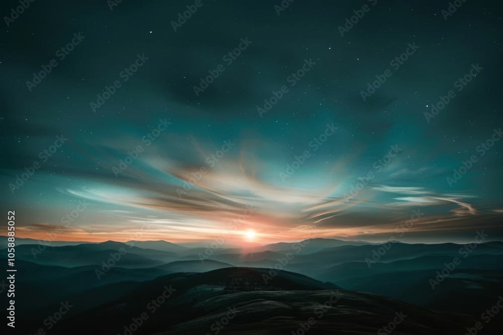 A mesmerizing dusk sky bursts with color over rugged mountain ranges, as starlight begins to twinkle, embracing the majesty of the wilderness. A mesmerizing dusk sky bursts with color over rugged mountain ranges, as starlight begins to twinkle, embracing the majesty of the wilderness.