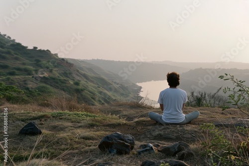 A person sits silently at the river's edge, immersed in thought as dawn's pastel light warms the expanse of landscape. photo