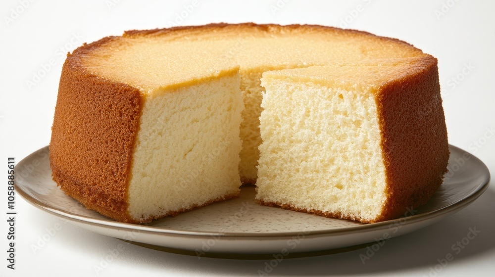 Delicious fluffy chiffon cake with a slice removed on a plate Delicious fluffy chiffon cake with a slice removed on a plate