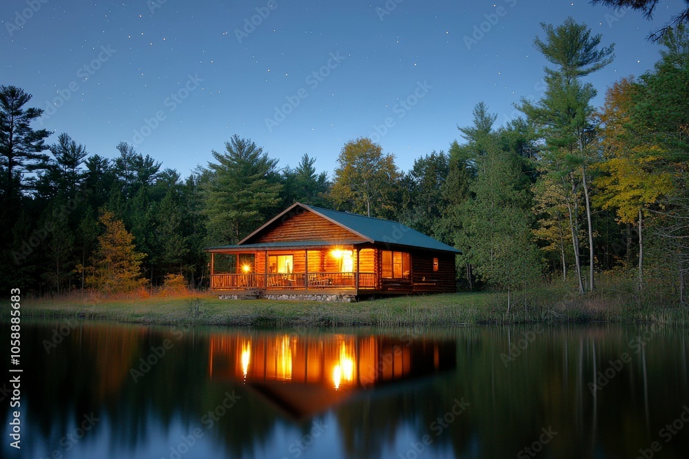 Fototapeta premium Serene Lakeside Cabin Under Starry Sky