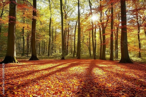 Vibrant Autumn Forest with Colorful Leaves and Sunlight