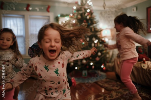 Children dance with delight around a Christmas tree, their laughter filling a room aglow with festive spirit.