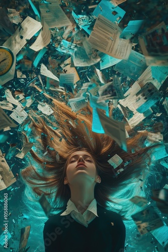 A young woman, possibly a student with a book and papers around her, appears to be underwater among drifting documents. The scene evokes a sense of being overwhelmed or drowning in information. photo