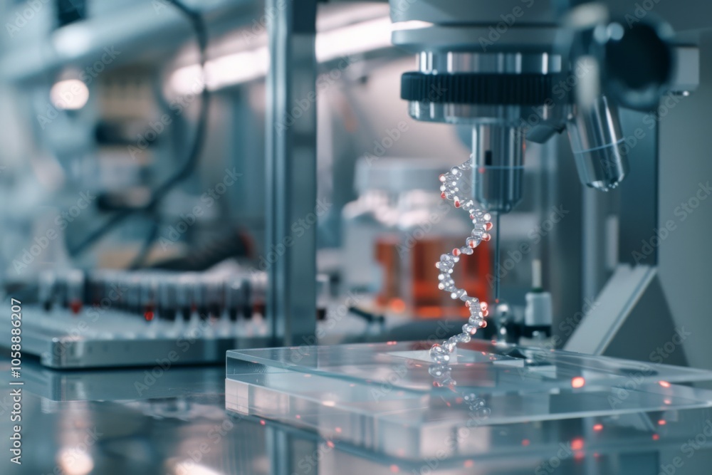 Fototapeta premium A microscope peers into the molecular world, focusing on a DNA strand glowing in soft laboratory lights amidst a backdrop of scientific tools.