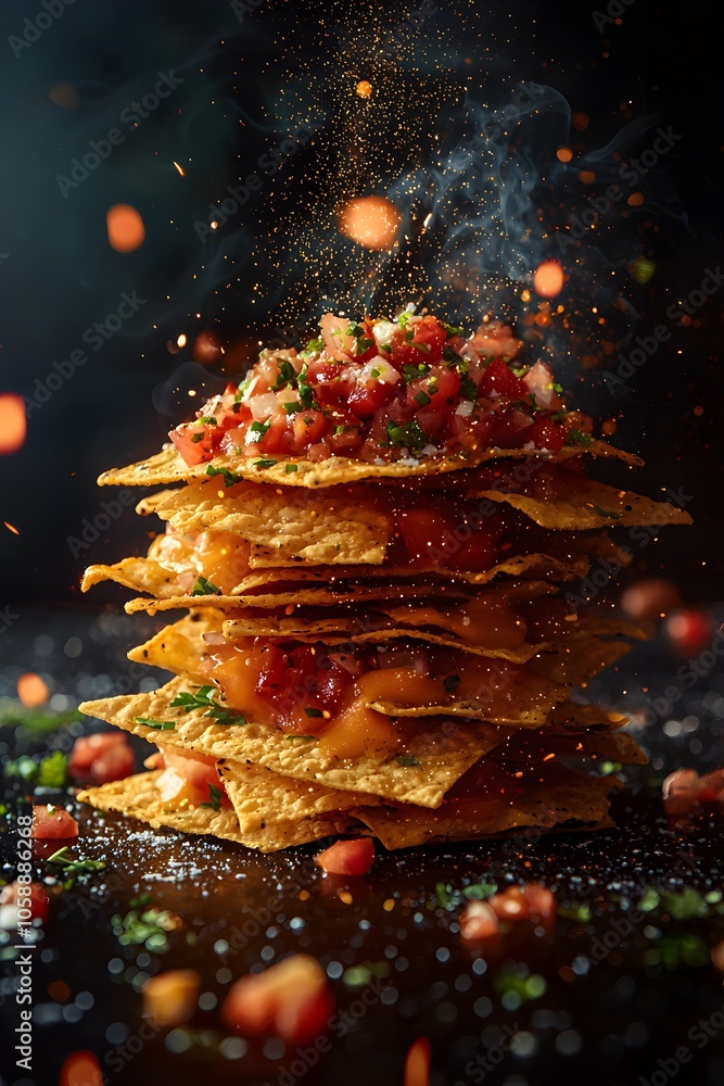 Poster Product Tortilla Chips with Salsa and Cheese Exploding with Flavor. Illustration background for presentation Poster Product Tortilla Chips with Salsa and Cheese Exploding with Flavor. Illustration background for presentation