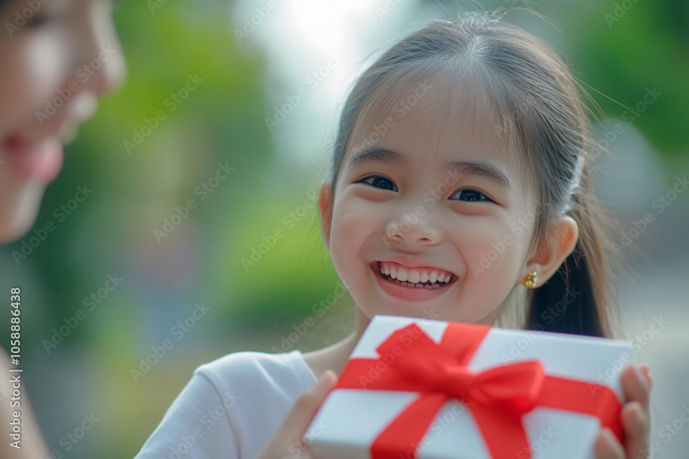 Young girl joyfully receives a gift outdoors on a sunny day Young girl joyfully receives a gift outdoors on a sunny day