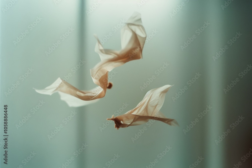 Obraz premium Wispy, delicate fabric figures gracefully twist and turn in midair, evoking a sense of freedom and ethereal beauty against a soft backdrop.