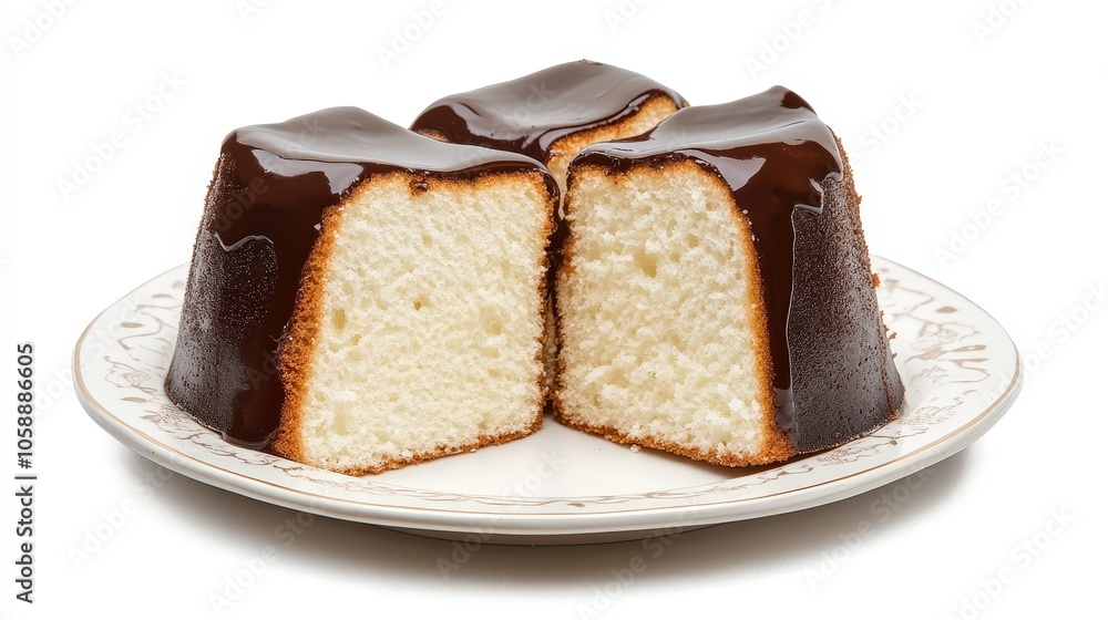 Delicious chocolate-glazed sponge cake on elegant plate Delicious chocolate-glazed sponge cake on elegant plate