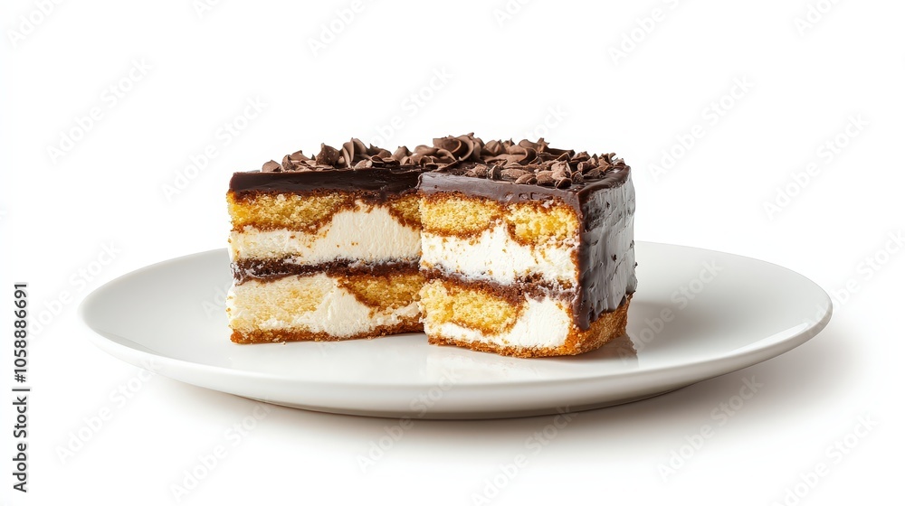 Decadent chocolate topped layered cake with cream filling on white plate Decadent chocolate topped layered cake with cream filling on white plate