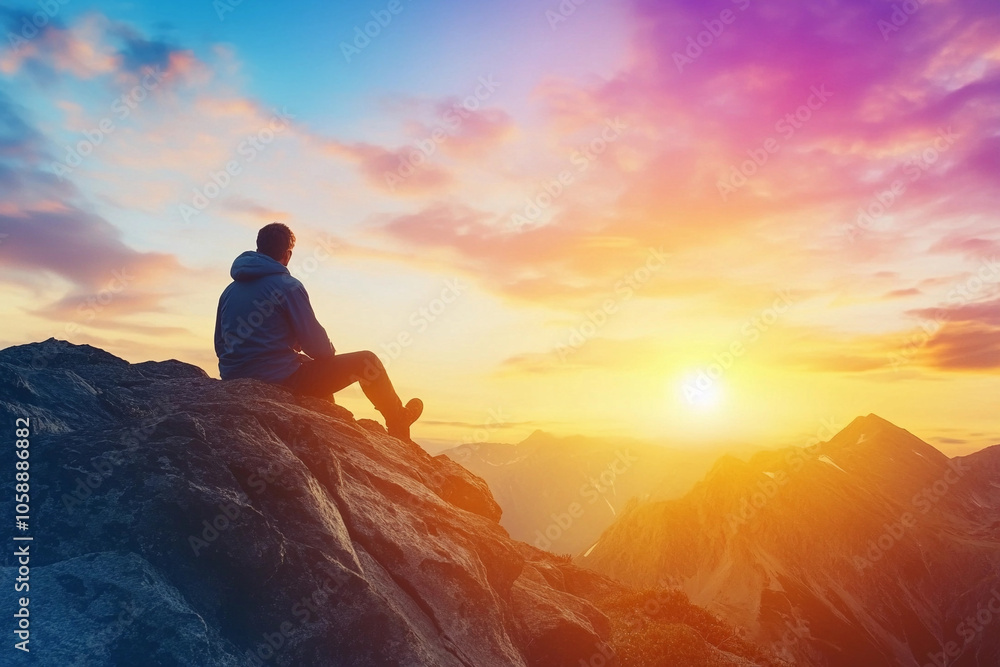 A person enjoying a sunset from a mountain viewpoint A person enjoying a sunset from a mountain viewpoint