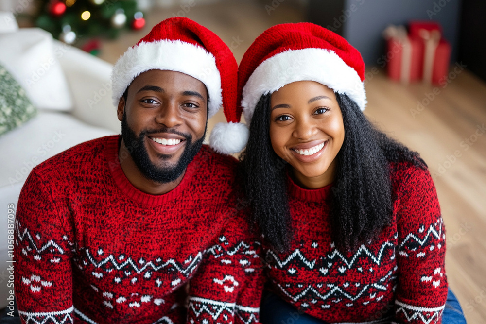 Happy young African family, man and woman in festive red sweaters and Santa hats, sitting at home by the Christmas tree. Happy young African family, man and woman in festive red sweaters and Santa hats, sitting at home by the Christmas tree.