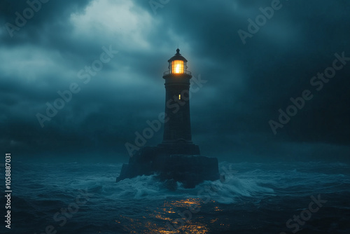 A shining lighthouse guides through stormy seas