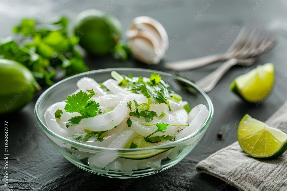A vibrant bowl of fresh ceviche with lime wedges and cilantro, artfully presented on a rustic table, evoking a sense of culinary delight. A vibrant bowl of fresh ceviche with lime wedges and cilantro, artfully presented on a rustic table, evoking a sense of culinary delight.