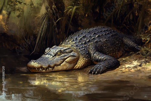 Enigmatic alligator resting on the banks of a river. 