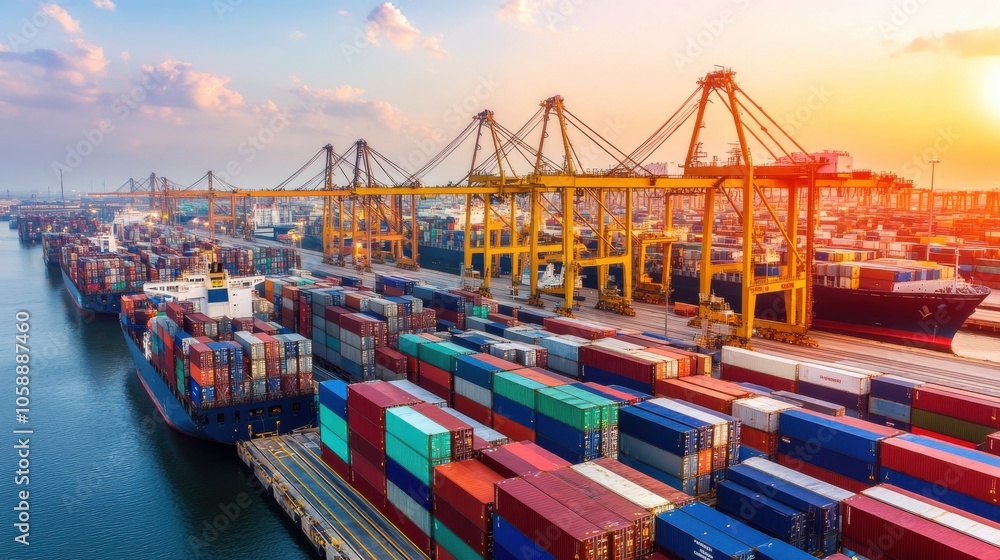 Fototapeta premium Aerial View of Nighttime Busy Container Port