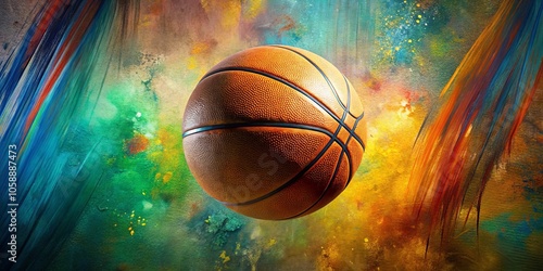 Wallpaper Mural A basketball suspended against a vibrant abstract background, with a textured orange surface and black lines, set against a backdrop of colorful brushstrokes Torontodigital.ca