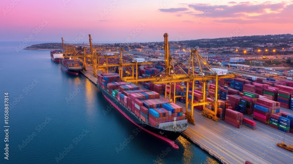 Fototapeta premium Vibrant Aerial View of Seaport at Night