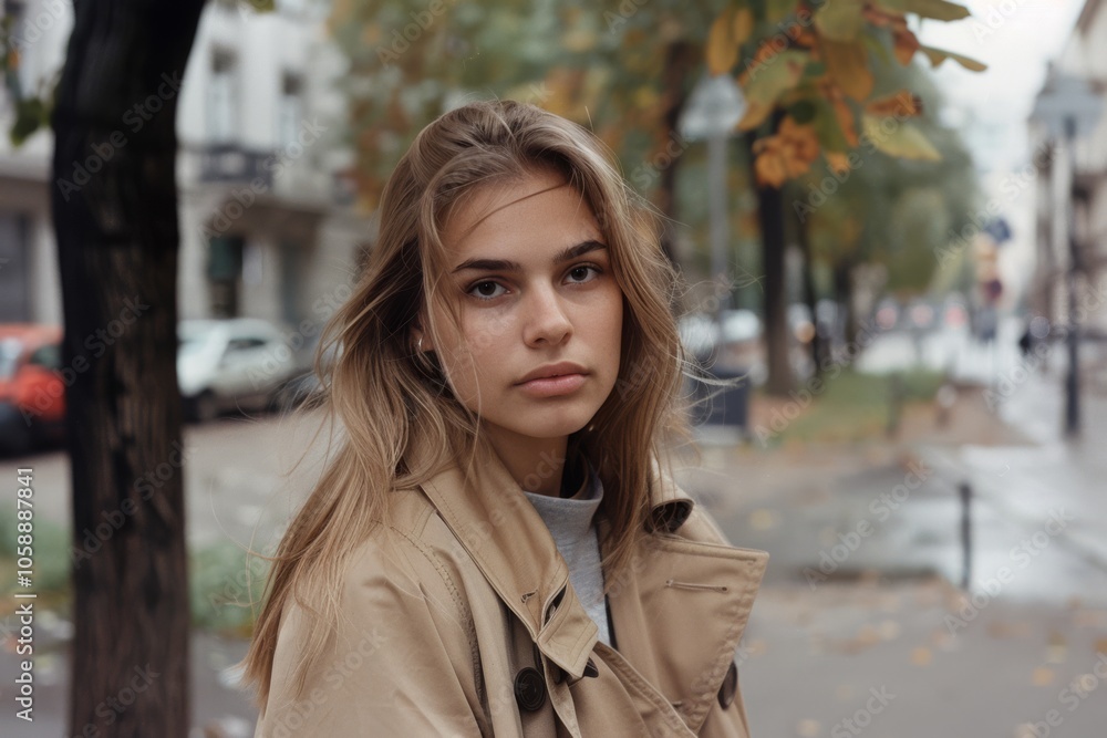 A young woman in a tan trench coat stands on an autumn street, her expression contemplative as leaves fall around her. A young woman in a tan trench coat stands on an autumn street, her expression contemplative as leaves fall around her.