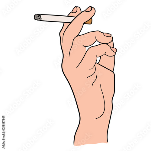 Hand drawn cartoon a human hand with a cigarette on white background.