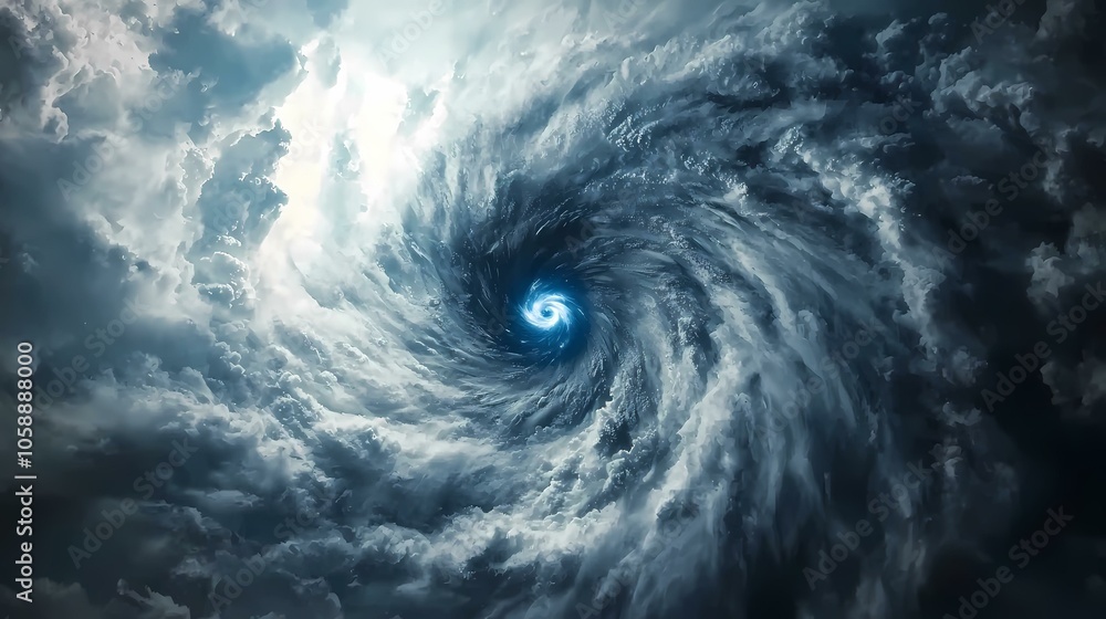 A swirling vortex of clouds forms a dark, ominous tunnel in the sky, with a bright blue light at its center. A swirling vortex of clouds forms a dark, ominous tunnel in the sky, with a bright blue light at its center.
