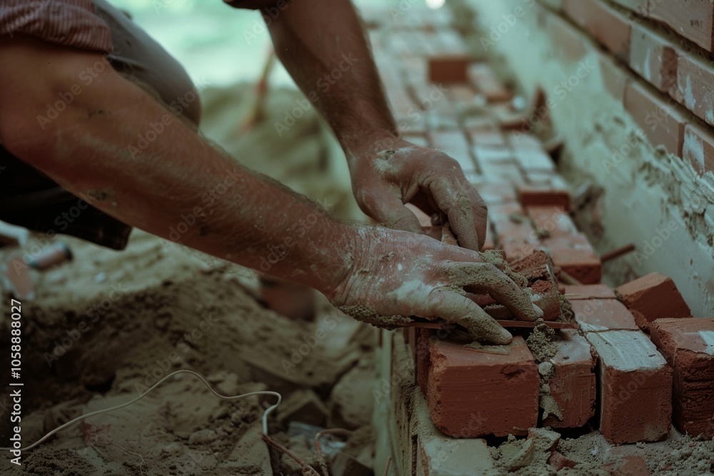 Hands shape a wall with red bricks and mortar, exemplifying the art and labor of traditional masonry in an intricate and satisfying process. Hands shape a wall with red bricks and mortar, exemplifying the art and labor of traditional masonry in an intricate and satisfying process.
