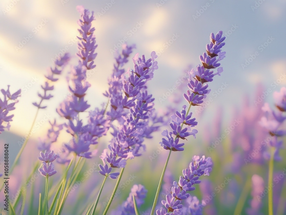Obraz premium Vibrant purple lavender flowers at dawn, with a soft sunrise in the background. Calm and picturesque landscape for leisurely walks.