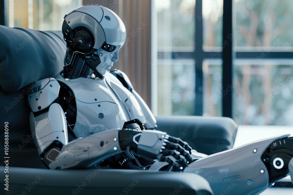 Robotic man sitting on a couch, looking down and resting. The scene is set in a modern living room with advanced technology. Robotic man sitting on a couch, looking down and resting. The scene is set in a modern living room with advanced technology.