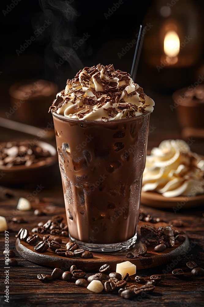 Poster Product Iced Chocolate Drink with Whipped Cream and Chocolate Shavings. Illustration background for presentation Poster Product Iced Chocolate Drink with Whipped Cream and Chocolate Shavings. Illustration background for presentation