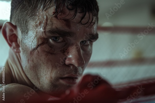 A focused boxer with a bloodied face fixates intensely on his opponent, embodying determination and resilience within the boxing ring's gritty confines. photo