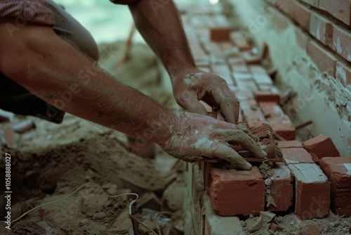 Hands shape a wall with red bricks and mortar, exemplifying the art and labor of traditional masonry in an intricate and satisfying process.