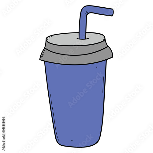 Hand drawn cartoon fast food blue disposable cup with a straw on white background.