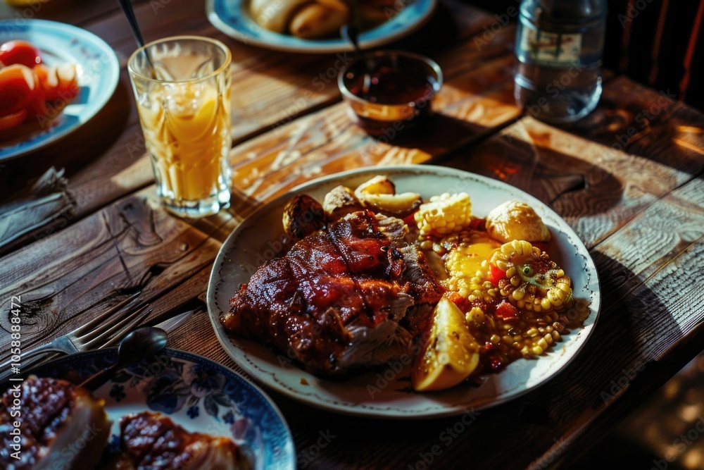 Delicious home cooked meals laid out on a wooden table, ready for sharing and enjoying. Delicious home cooked meals laid out on a wooden table, ready for sharing and enjoying.