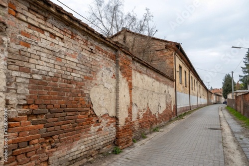 Aged brick wall with peeling paint and old mortar, structure, mortar, old, patina