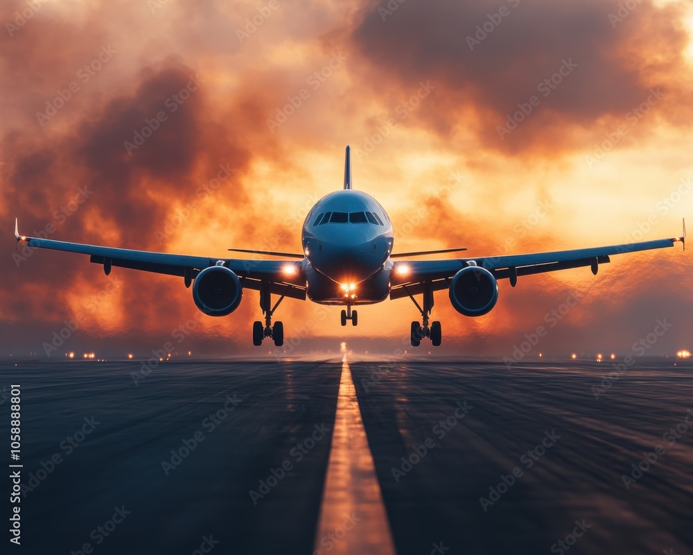 Airplane Taking Off at Sunset with Glowing Runway Lights Airplane Taking Off at Sunset with Glowing Runway Lights