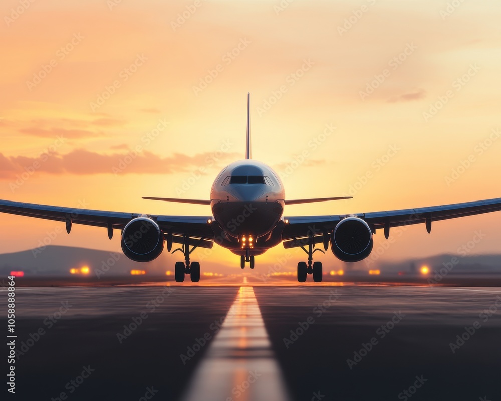 Airplane Taking Off at Sunset with Glowing Runway Lights Airplane Taking Off at Sunset with Glowing Runway Lights