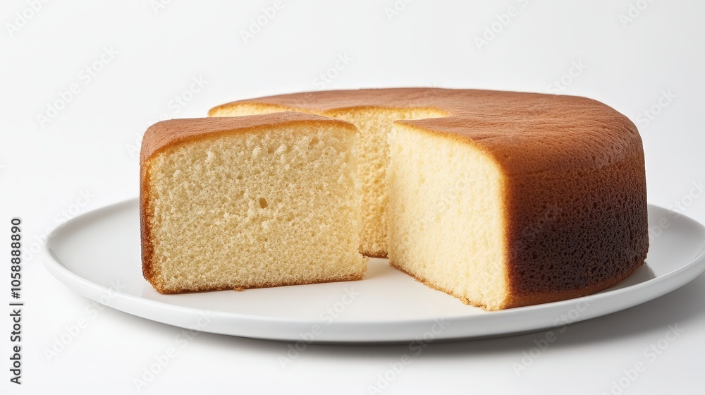 Fluffy japanese castella cake on white plate in minimalist style Fluffy japanese castella cake on white plate in minimalist style