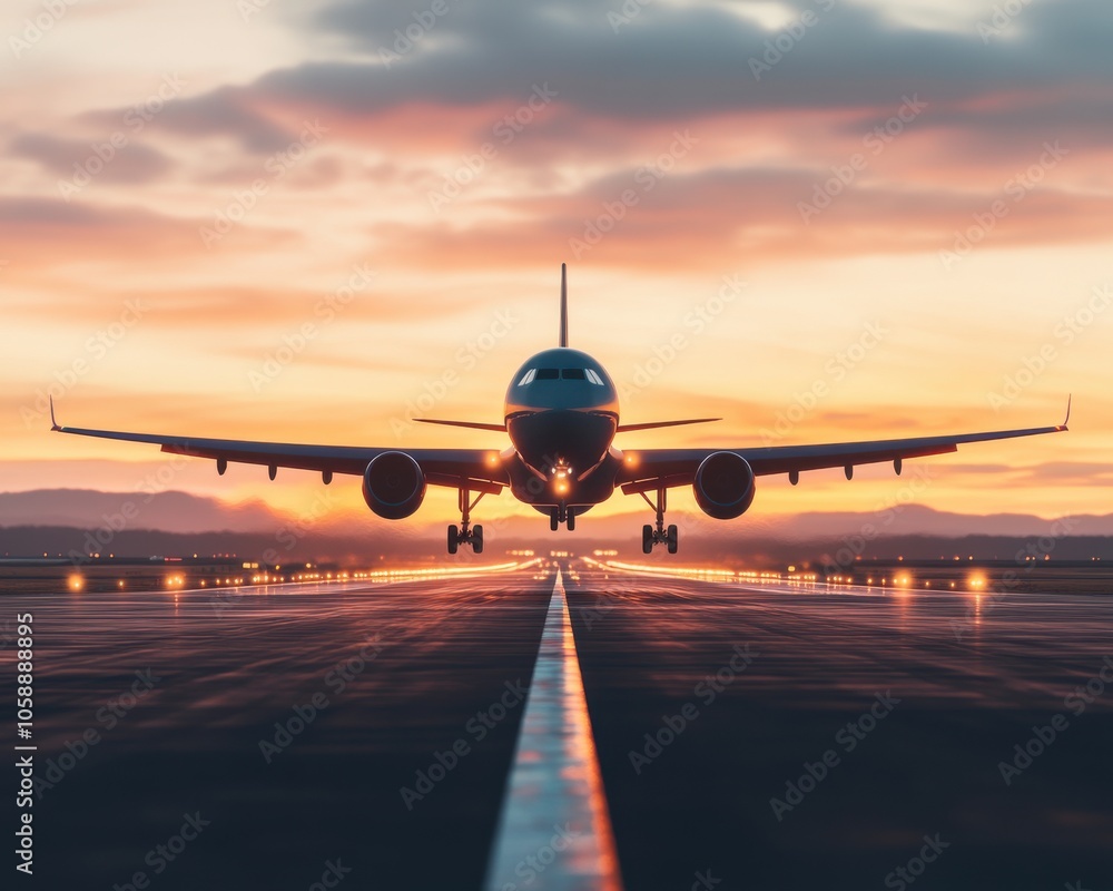 Airplane Taking Off at Sunset with Glowing Runway Lights Airplane Taking Off at Sunset with Glowing Runway Lights