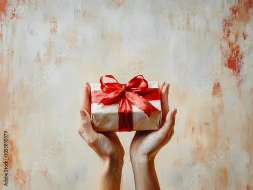 Hands Holding a White Gift Box with Red Ribbon on Beige Background