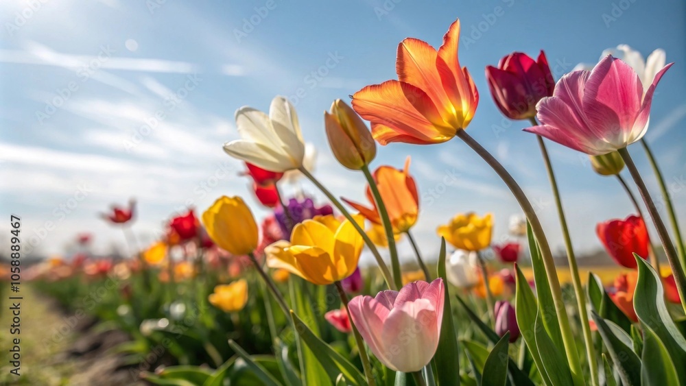 A close-up of colorful tulips swaying gently in the breeze on a sunny spring day, blooming flowers, garden, garden decoration, sunshine