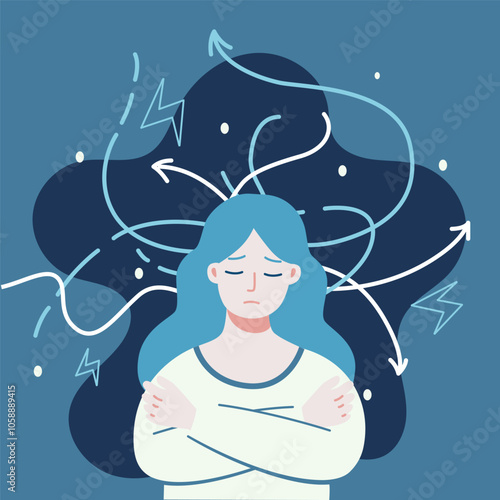 Mental health day banner. Vector banner dedicated to mental health with illustration of a sad girl in sweater. Girl in depression feels confused and anxious. Healing from depression, anxiety disorders